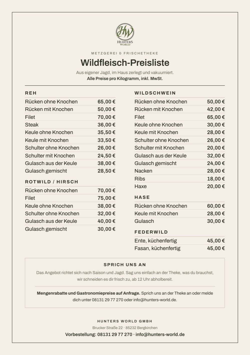 Wildfleisch-Preisliste von Hunters World mit allen Teilstücken und Preisen pro Kilogramm, Stand Juli 2026