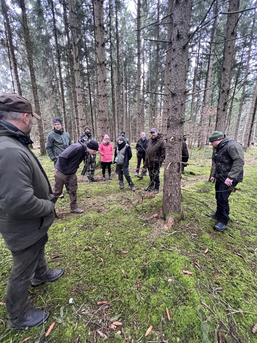 Teilnehmer mit Ausbilder auf moosigem Waldweg im Nadelwald bei Reviergang-Exkursion der Jagdschule